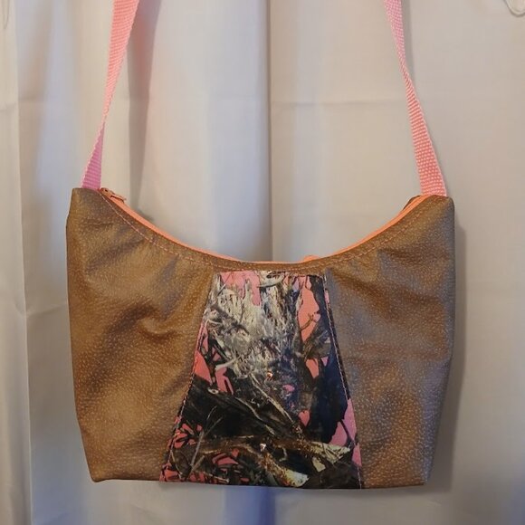 New Vinyl Camo Top handle Shoulder Bag Purse Hot Pink Brown Crescent Baguette - Picture 2 of 9